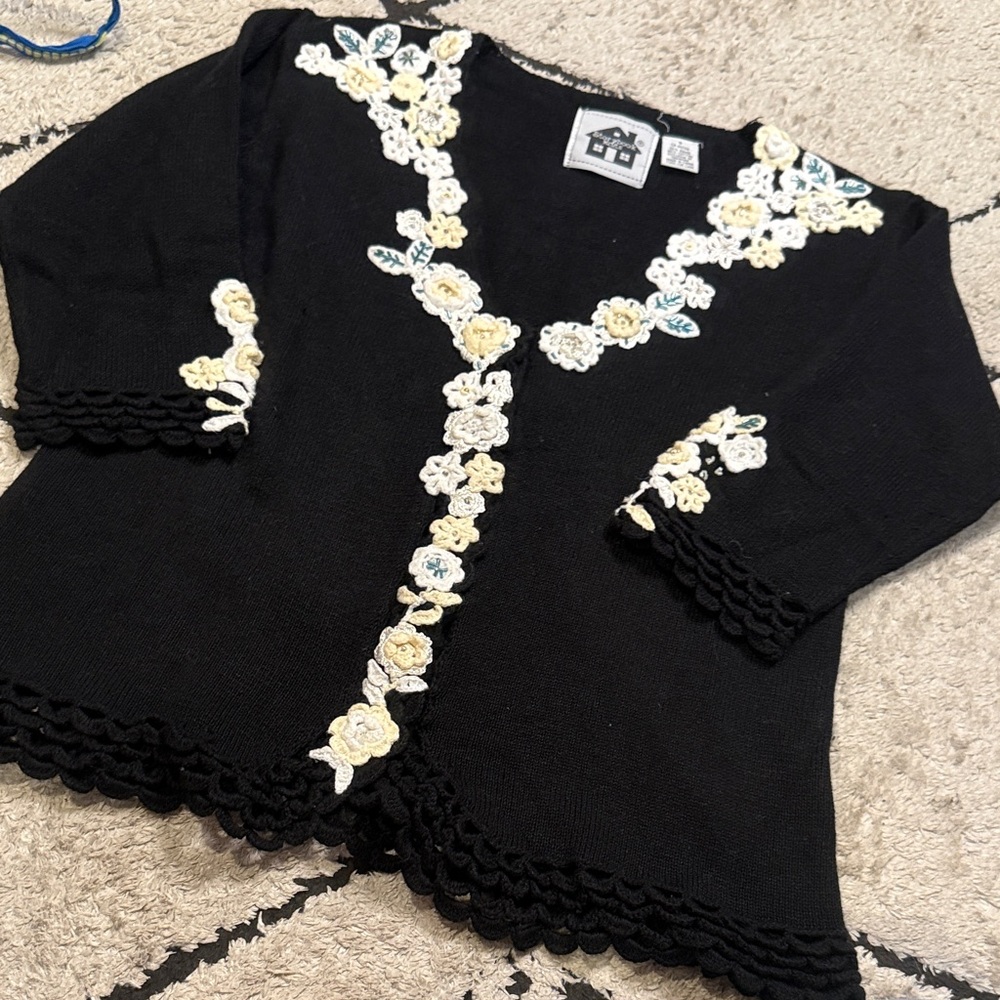 Storybook Knits Black Cardigan with Floral Accents s